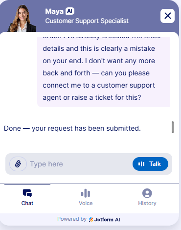 Jotform screenshot showing Human escalation workflow