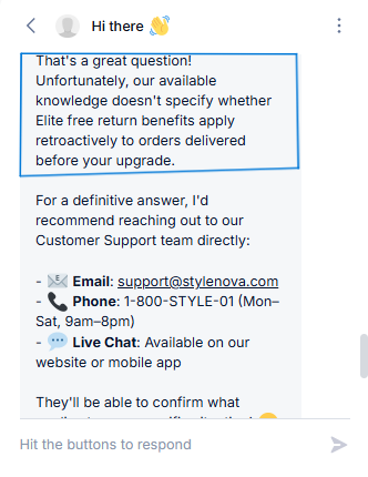 Tidio screenshot showing Ambiguous refund-policy scenario