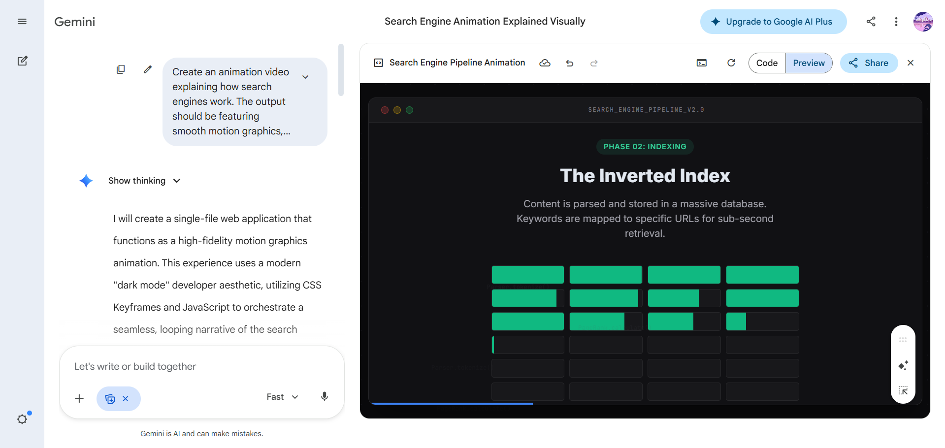 Gemini screenshot showing Enabled Canvas Feature