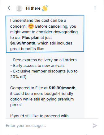 Tidio screenshot showing customer retention scenario: