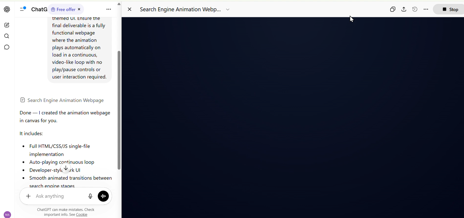 ChatGPT screenshot showing Canvas Feature