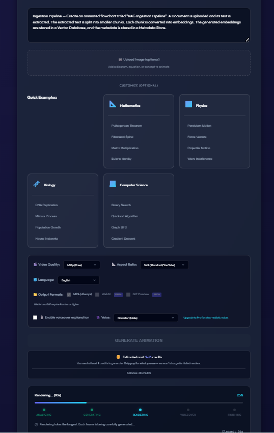 Vismo Studio screenshot showing Vismo Studio — input screen and generation process