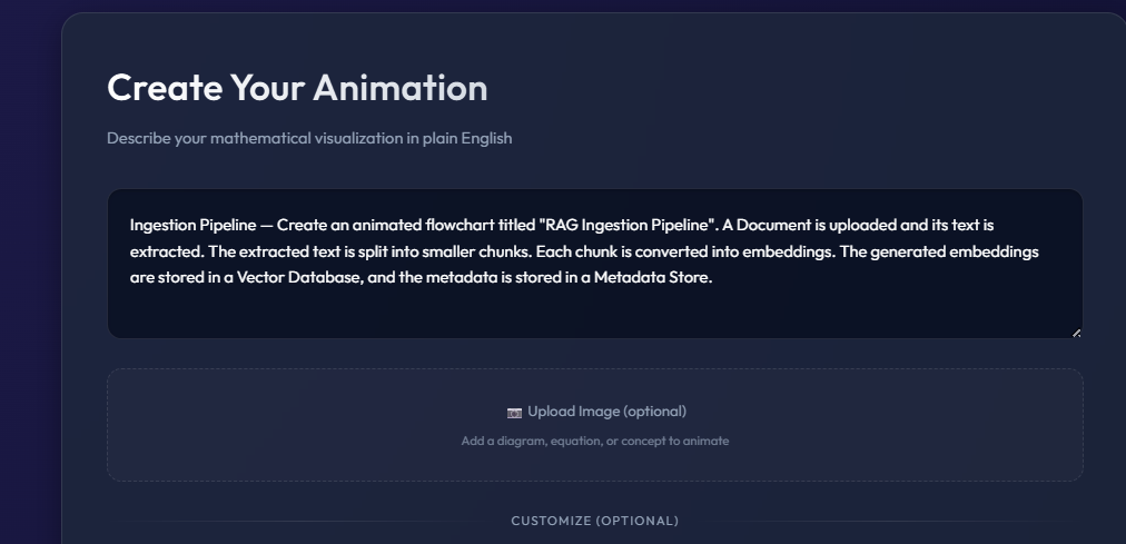 Vismo Studio screenshot showing Vismo Studio — input screen and generation process