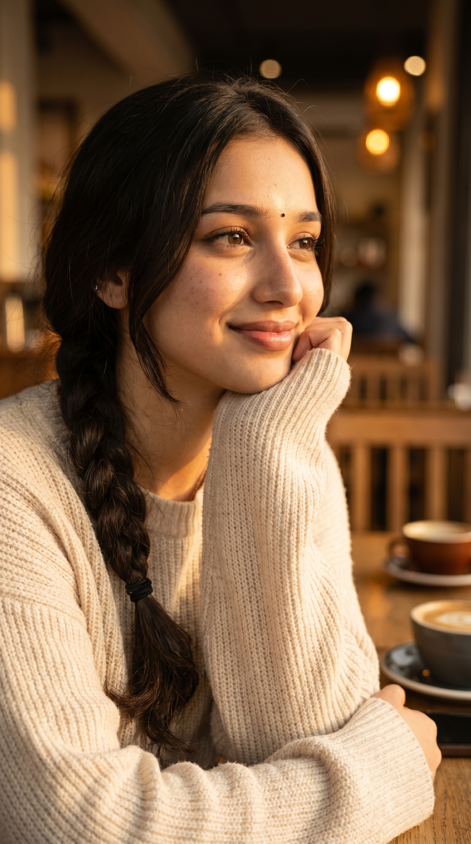 Output artifact for "Warm café close-up from a frontal portrait" test: ImagineArt followed the café prompt well, producing the requested warm environment, window lighting, outfit, and hairstyle with a natural cinematic look and no, imagineart-generated-warm-cafe-portrait-smiling-woman.jpg