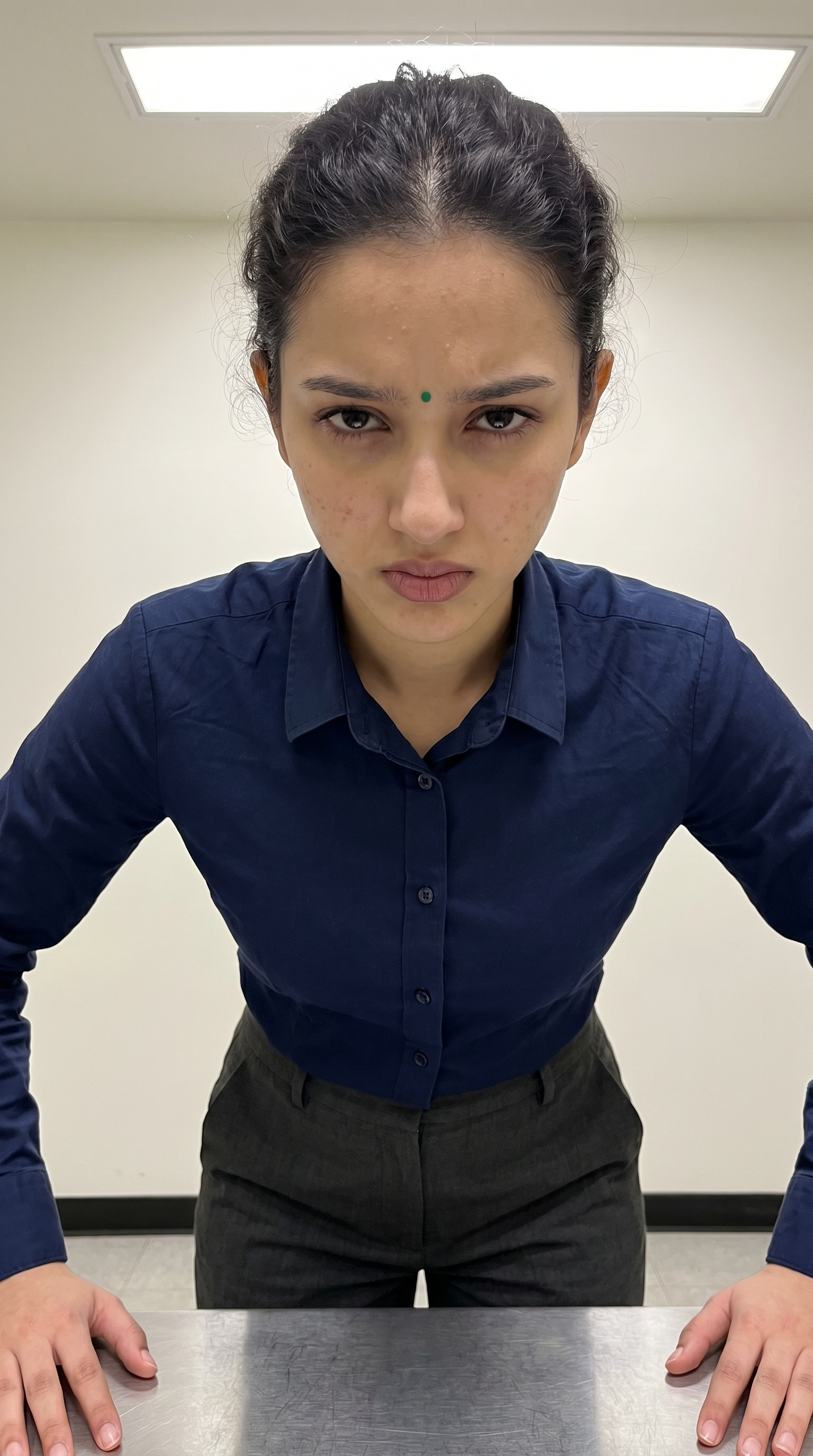 Output artifact for "Harsh-light interrogation scene from a frontal reference" test: This was the strongest identity match from the Input 1 tests. The eyes, nose, lips, and face shape stayed closest to the reference, while the tool also followed, imagineart-interrogation-room-stern-leaning-forward.jpg