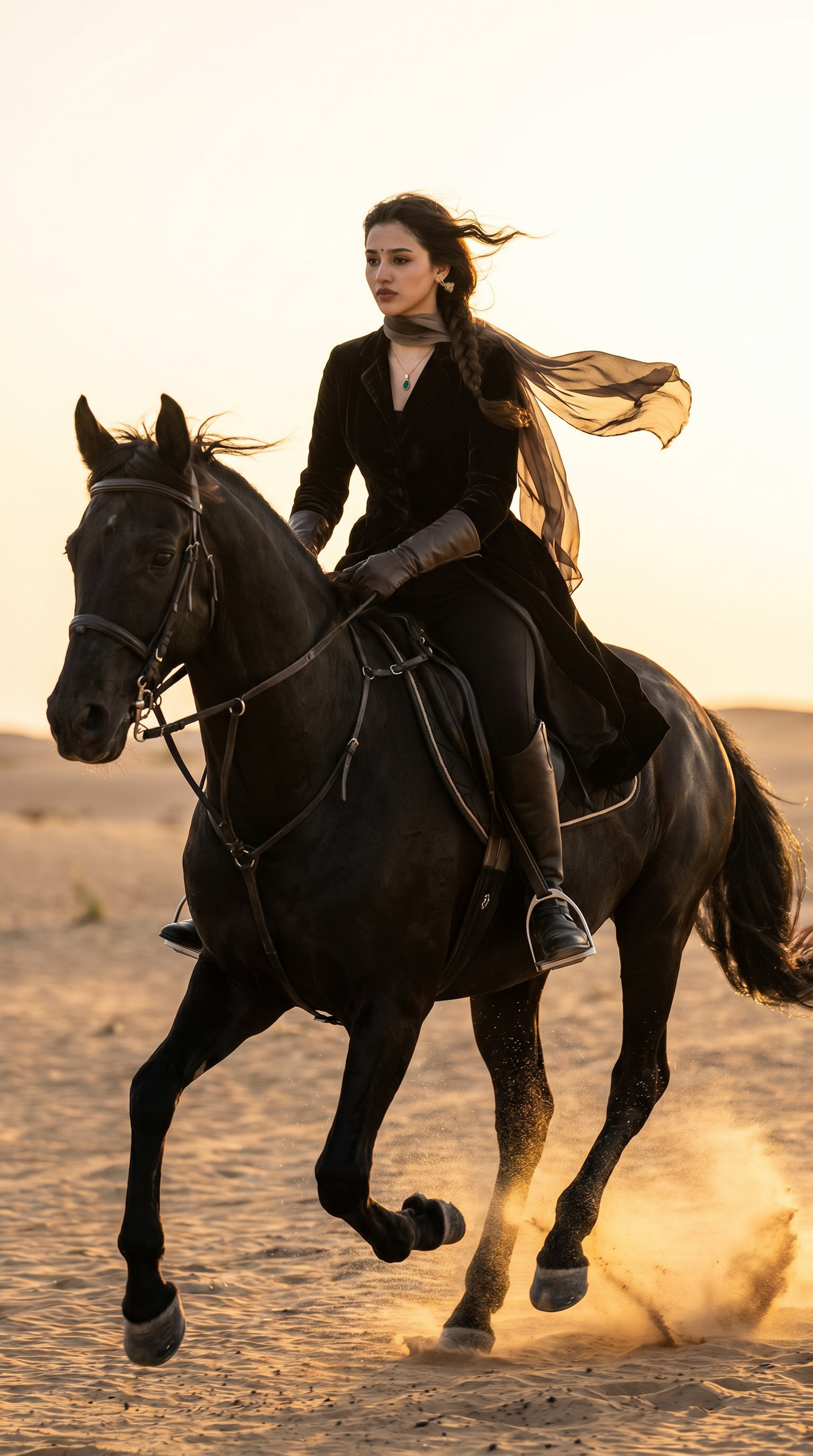 Output artifact for "Action-scene consistency in a desert horse ride" test: ImagineArt rendered the requested action scene convincingly, including the black horse, desert setting, riding outfit, scarf, braided hair, and strong cinematic, imagineart-woman-horse-desert-sunset-action.jpg
