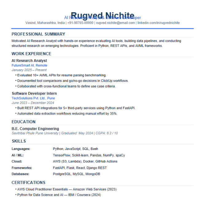 Affinda screenshot showing Input 1 — Clean single-column resume (Rugved Nichite)