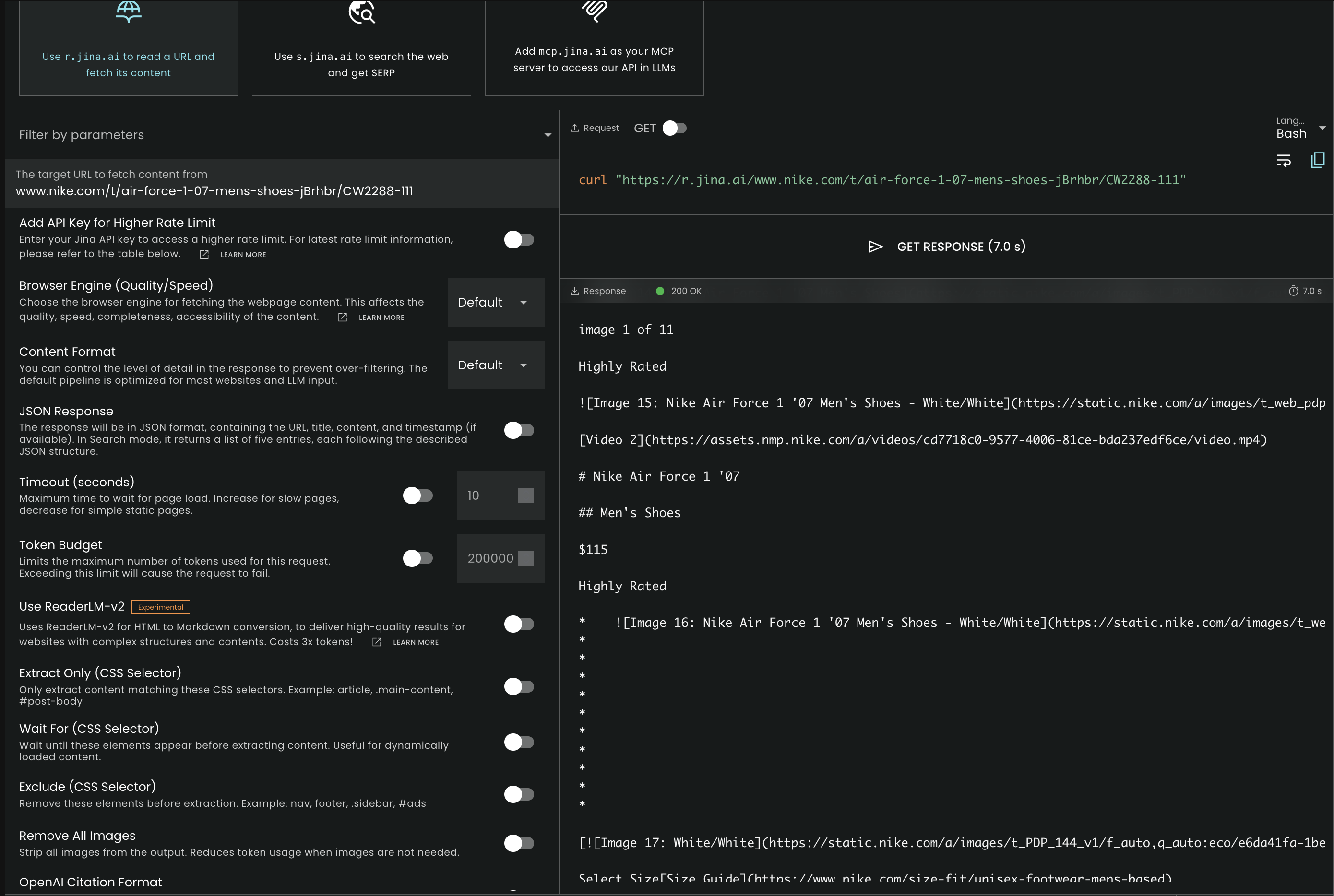 Jina Reader extracting a Nike product page