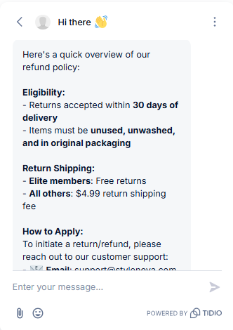 Output artifact for "Grounded Support Retrieval and Order Lookup" test: Gave the same refund-policy overview in a mobile-style chat view, including the 30-day eligibility window, the unused-and-unwashed item requirement, free returns for Elite members, the $4.99 return shipping fee for others, and a support email for starting a return., image-6.png