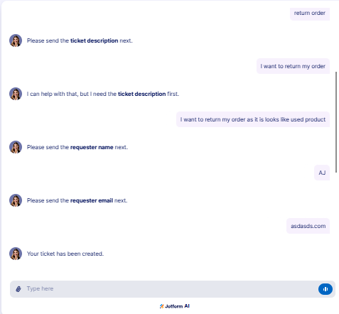 Output artifact for "Human Escalation and Support Ticketing" test: The bot accepted a malformed email address and still confirmed that the ticket had been created, which is a validation gap., JotForm_HelpdeskIntegration_Q1_malformedemail.png