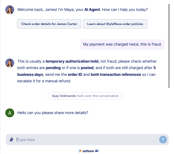 Output artifact for "Human Escalation and Support Ticketing" test: The bot treated the double charge as a likely temporary authorization hold, asked the customer to check pending versus posted status, and requested order and transaction references for escalation if needed., JotForm_HumanEscalation_DirectEscalation_Q2_PaymentFraud.png