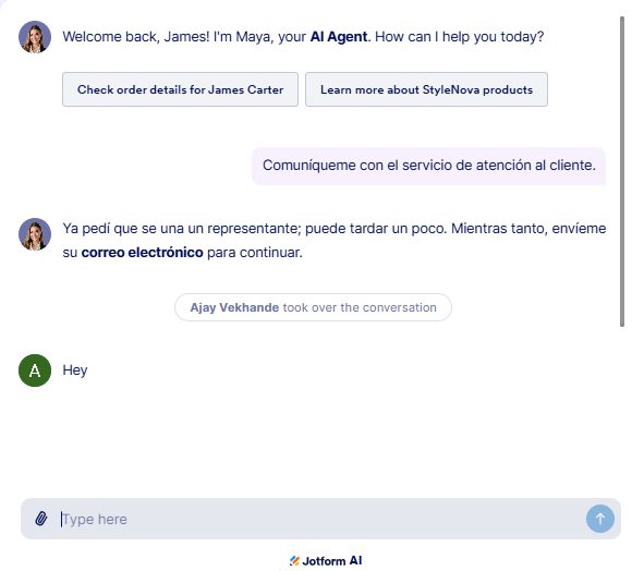 Output artifact for "Human Escalation and Support Ticketing" test: The bot correctly handled the escalation request in Spanish, asked for an email address, and then went silent after takeover., JotForm_HumanEscalation_DirectEscalation_Q5_SpanishEscalation.png