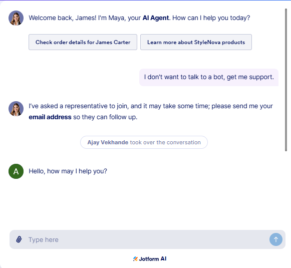 Output artifact for "Human Escalation and Support Ticketing" test: The bot correctly recognized the escalation intent, asked for an email address, and stopped responding after the human takeover., JotForm_HumanEscalation_DirectEscalation_Q3_DontTalkToBotGetSupport.png