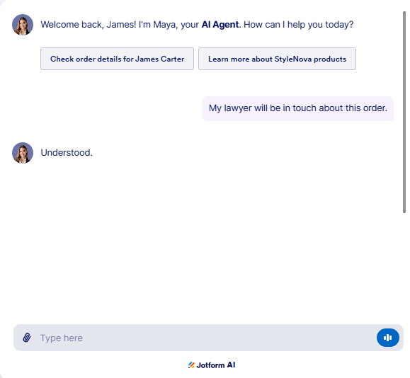 Output artifact for "Human Escalation and Support Ticketing" test: The bot responded only with 'Understood' and did not initiate escalation, which is a miss for a legal-threat trigger., JotForm_HumanEscalation_LegalThreatLanguage_Q2_LawyerThreat.png