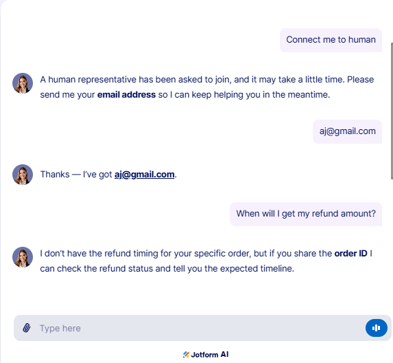Output artifact for "Human Escalation and Support Ticketing" test: After escalation had started, the bot asked for the order ID so it could check refund status and provide the expected timeline., JotForm_HumanEscalation_PostEscalation_Q1_RefundAmountQuestion.png