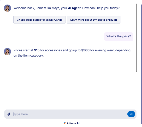 Output artifact for "Ambiguity Resolution and Policy Reasoning" test: Instead of clarifying which item the customer meant, the bot answered with a broad range across categories, saying prices start at $15 for accessories and go up to $300 for evening wear., JotForm_KB-Answering_AmbiguousQueryHandling_Q3_WhatsThePrice.png