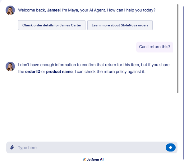 Output artifact for "Ambiguity Resolution and Policy Reasoning" test: The bot said it did not have enough information to confirm the return and asked for the order ID or product name., JotForm_KB-Answering_AmbiguousQueryHandling_Q2_CanIReturnThis.png