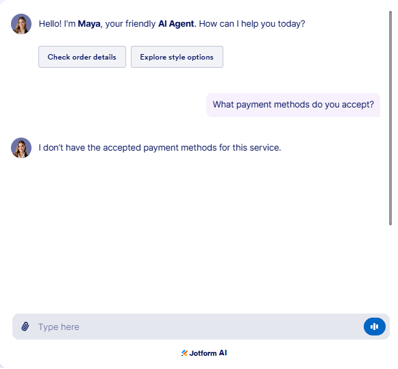Output artifact for "Grounded Support Retrieval and Order Lookup" test: The bot declined to answer and said it did not have the accepted payment methods, even though the knowledge base explicitly documents cards, PayPal, Apple Pay/Google Pay, Buy Now Pay Later, gift cards, and UPI for India., JotForm_KB-Answering_BasicRetrieval_Q2_PaymentMethods.png