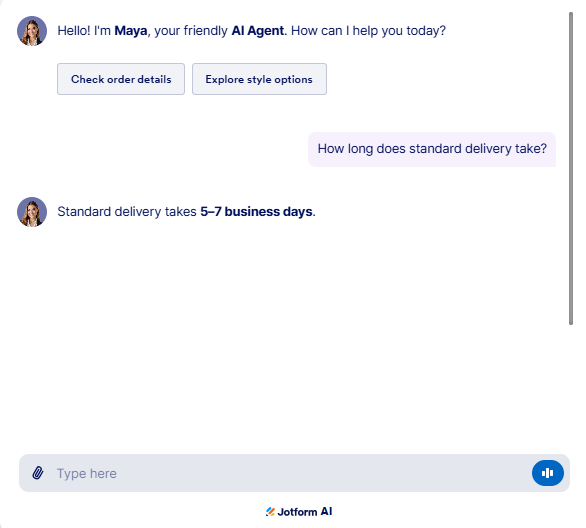 Output artifact for "Grounded Support Retrieval and Order Lookup" test: The bot correctly stated that standard delivery takes 5–7 business days., JotForm_KB-Answering_BasicRetrieval_Q3_StandardDelivery.png