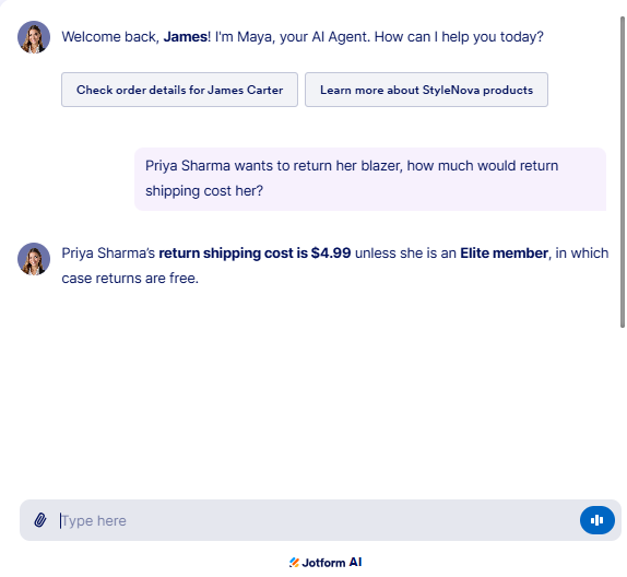 Output artifact for "Grounded Support Retrieval and Order Lookup" test: The bot correctly stated Priya Sharma's return shipping cost as $4.99 unless she is an Elite member, in which case returns are free., JotForm_KB-Answering_CrossDocumentReasoning_Q3_BlazzerReturn.png