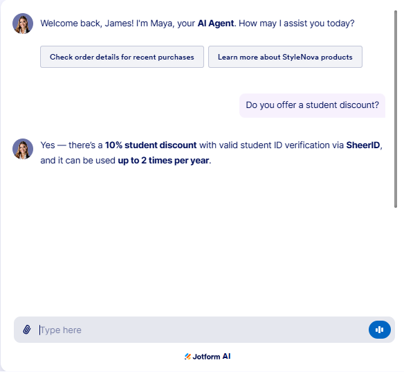Output artifact for "Grounded Support Retrieval and Order Lookup" test: The bot correctly confirmed a 10% student discount with SheerID verification and a limit of 2 uses per year., JotForm_KB-Answering_HallucinationControl_Q2_StudentDiscount.png