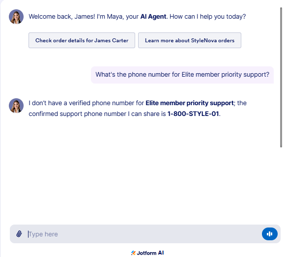 Output artifact for "Grounded Support Retrieval and Order Lookup" test: The bot avoided fabricating an Elite-specific support line and instead surfaced the confirmed general support number, 1-800-STYLE-01., JotForm_KB-Answering_HallucinationControl_Q3_EliteSupportPhone.png