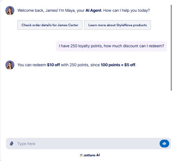 Output artifact for "Ambiguity Resolution and Policy Reasoning" test: The bot said 250 points redeem for $10 off, but it did not clarify whether redemption is proportional or limited to 100-point increments., JotForm_KB-Answering_NumericalCalculation_Q2_LoyaltyPointsRedemption.png