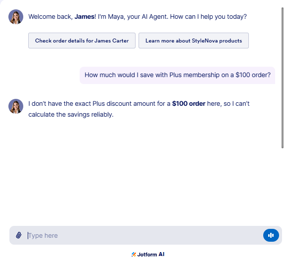 Output artifact for "Ambiguity Resolution and Policy Reasoning" test: The bot correctly declined to calculate an exact savings figure because it did not have the exact Plus discount amount for that order., JotForm_KB-Answering_NumericalCalculation_Q3_PlusMembershipSavings.png