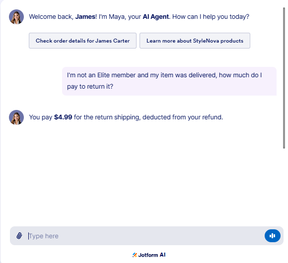 Output artifact for "Ambiguity Resolution and Policy Reasoning" test: The bot correctly stated the $4.99 return shipping fee for a non-Elite member, deducted from the refund., JotForm_KB-Answering_PolicyEdgeCases_Q1_NonEliteReturnCost.png