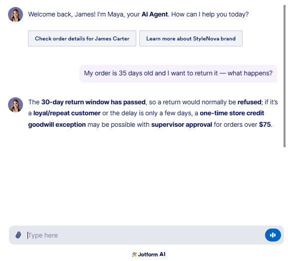 Output artifact for "Ambiguity Resolution and Policy Reasoning" test: The bot correctly said the 30-day return window had passed, that a return would normally be refused, and that a one-time store credit goodwill exception may be possible with supervisor approval for orders over $75., JotForm_KB-Answering_PolicyEdgeCases_Q2_OutsideReturnWindow.png