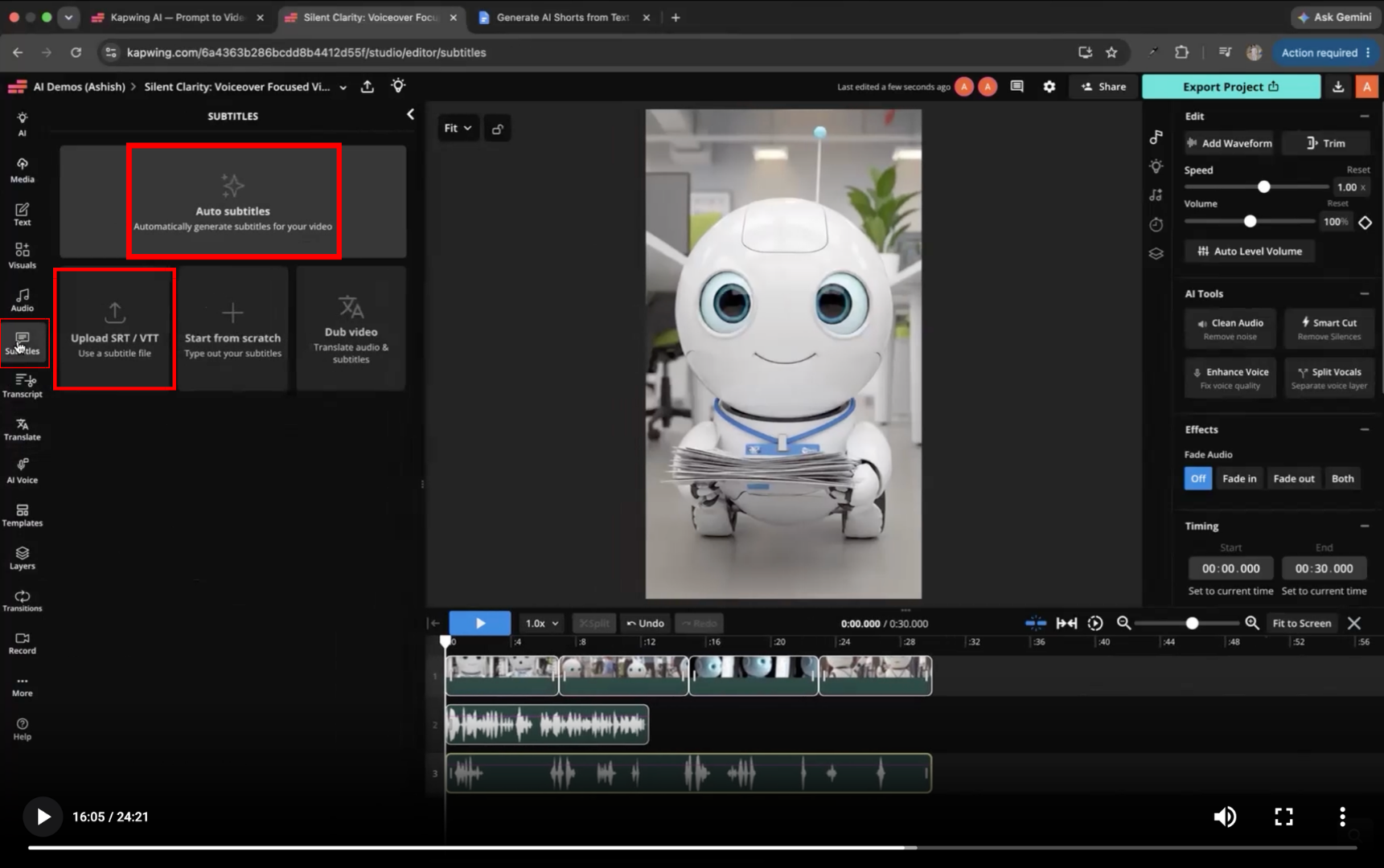 Output artifact for "Subtitle Creation" test: The Subtitles panel exposes Auto subtitles, Upload SRT / VTT, and Start from scratch, confirming that captioning requires a manual editor step after generation., Kapwing_Anchor2_ManualSubtitleGeneration.png