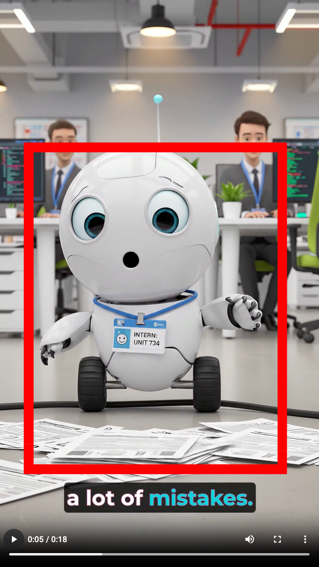 Output artifact for "Original Scene and Character Generation" test: The robot scene is original AI output, but the visual does not cleanly match the narration about workplace mistakes., kapwing_Anchor2_Scene-Does-Not-Match-Narration.png
