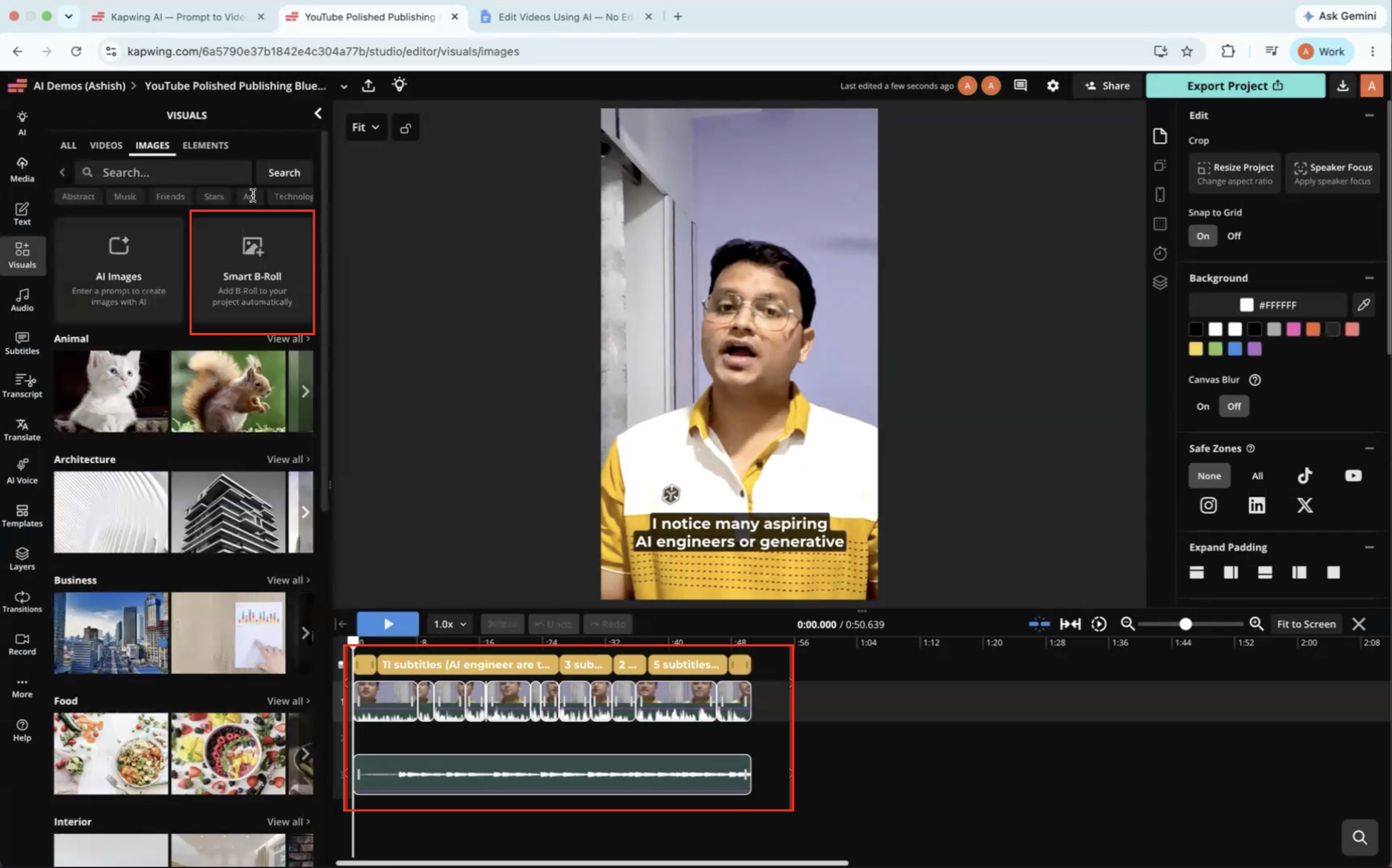 Output artifact for "Smart B-Roll Suggestions" test: After the AI edit finished, Smart B-roll still had not been inserted into the project, so it remained a separate manual step., kapwing-input1-failure-1-smart-broll-not-applied.png