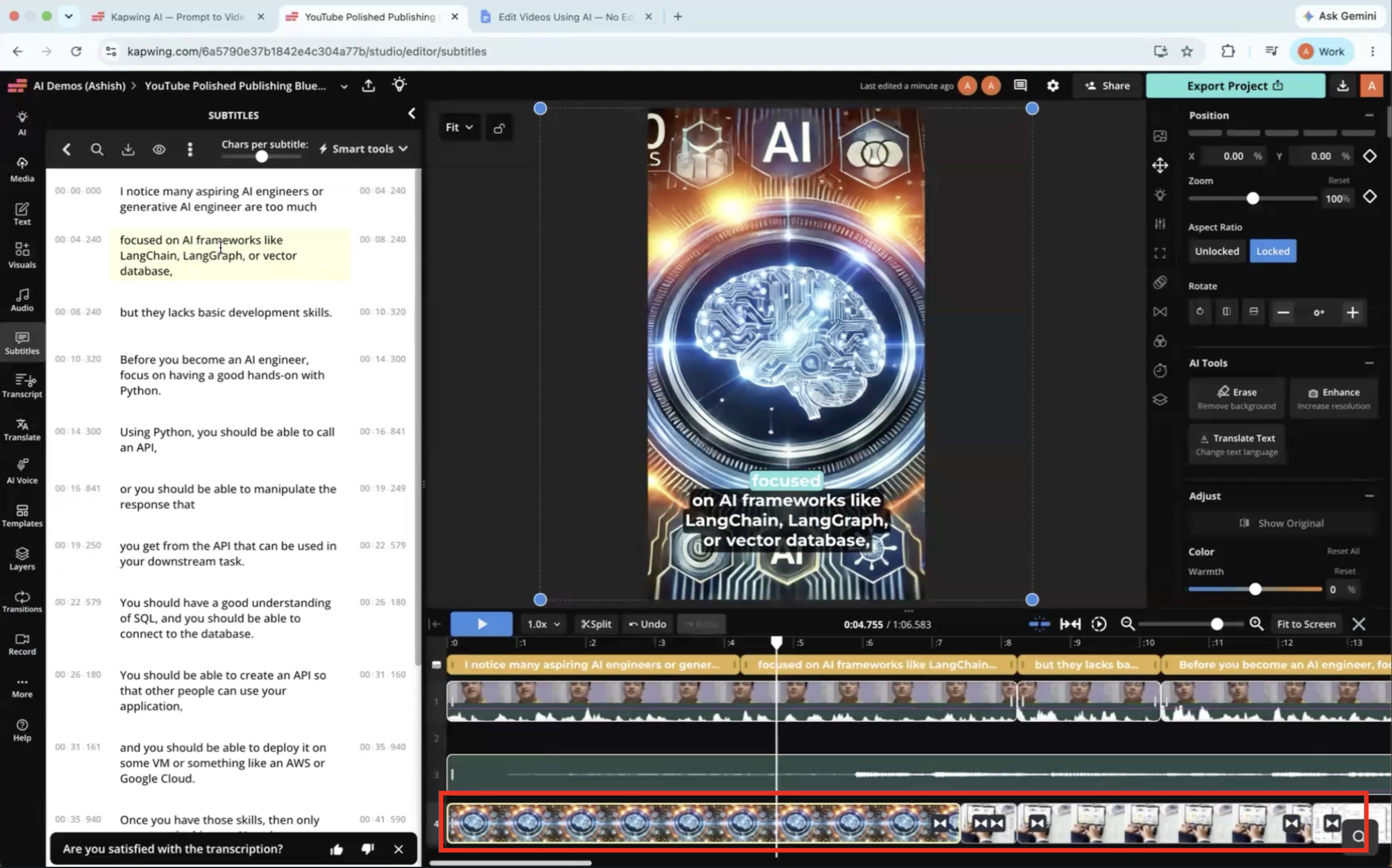 Output artifact for "Smart B-Roll Suggestions" test: The generated B-roll was relevant to the narration, but it had to be manually positioned and timed to match the spoken content., kapwing-input1-failure-3-manual-broll-positioning.png