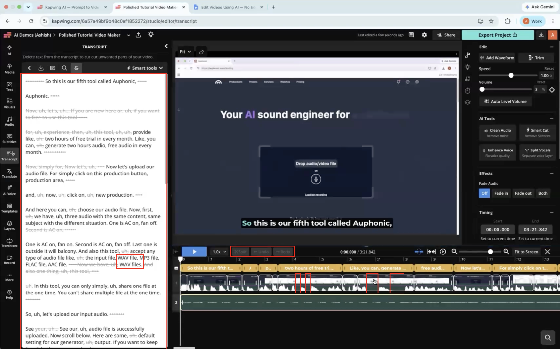 Output artifact for "Draft Editing and Regeneration" test: Even after the AI pass, the timeline still needed manual refinement to remove remaining imperfections before publication., kapwing-input2-failure-3-manual-timeline-refinement-required.png