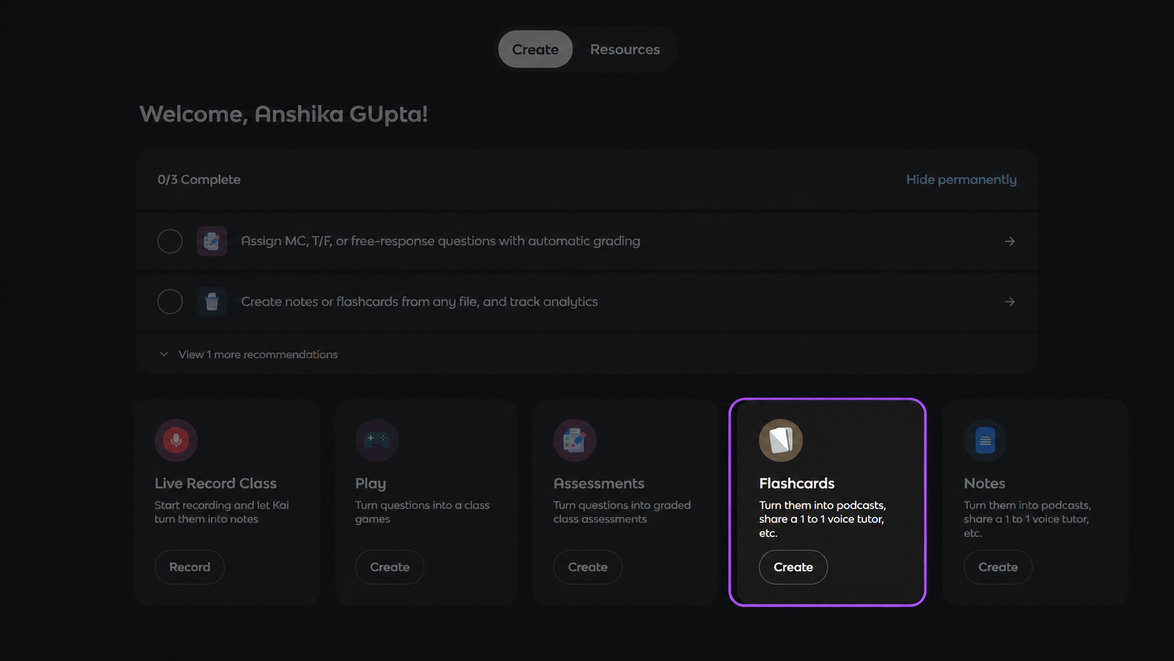 Output artifact for "Generate Study Materials from Files" test: The dashboard advertises Flashcards and Notes creation from any file, plus podcasts and a one-to-one voice tutor, on the free tier., out_flashcard_option.png