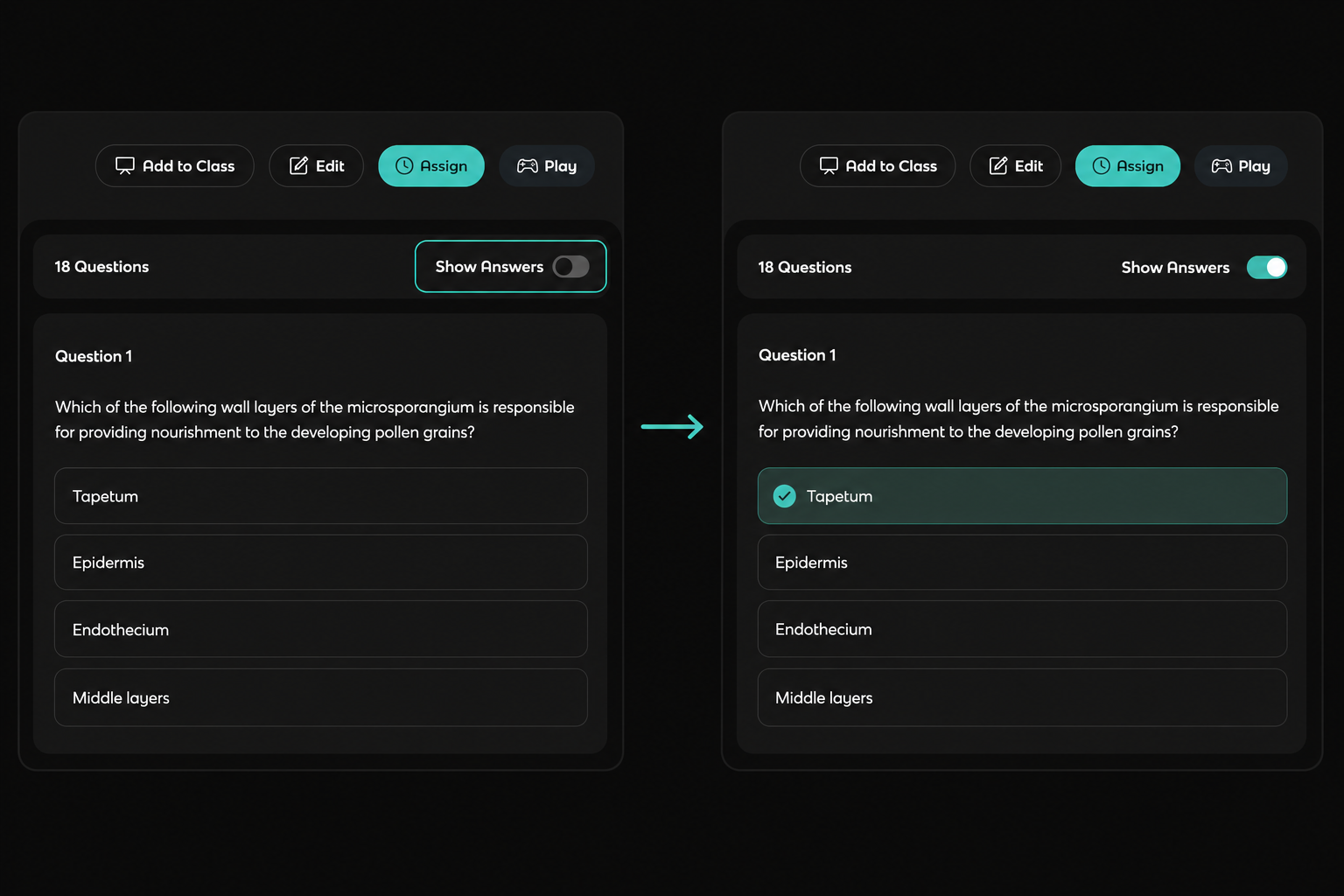 Output artifact for "Question Review and Editing" test: Turning on Show Answers reveals the correct option inline, here marking Tapetum., out1_showanswer_toggle.png