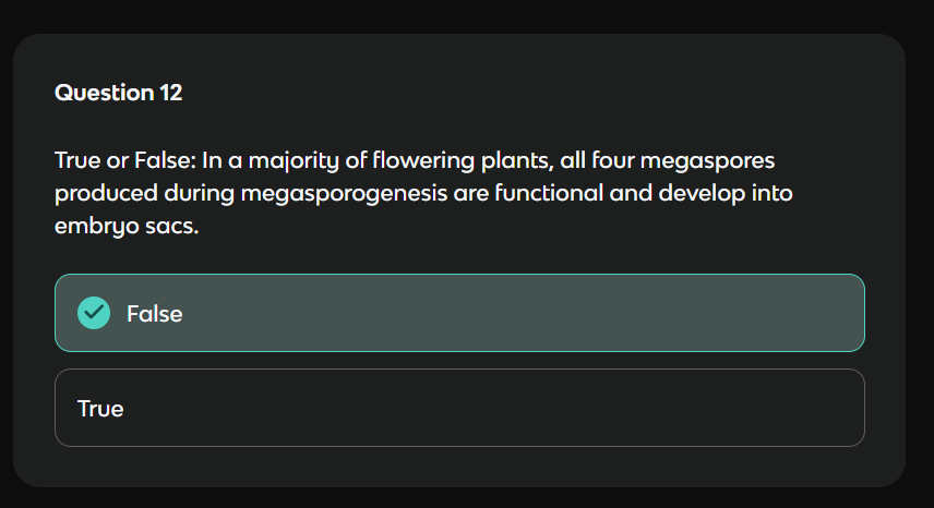 Output artifact for "Generate Study Materials from Files" test: Knowt generated a True/False item from the typed biology chapter and showed the selected answer inline., out1_trufalse.png
