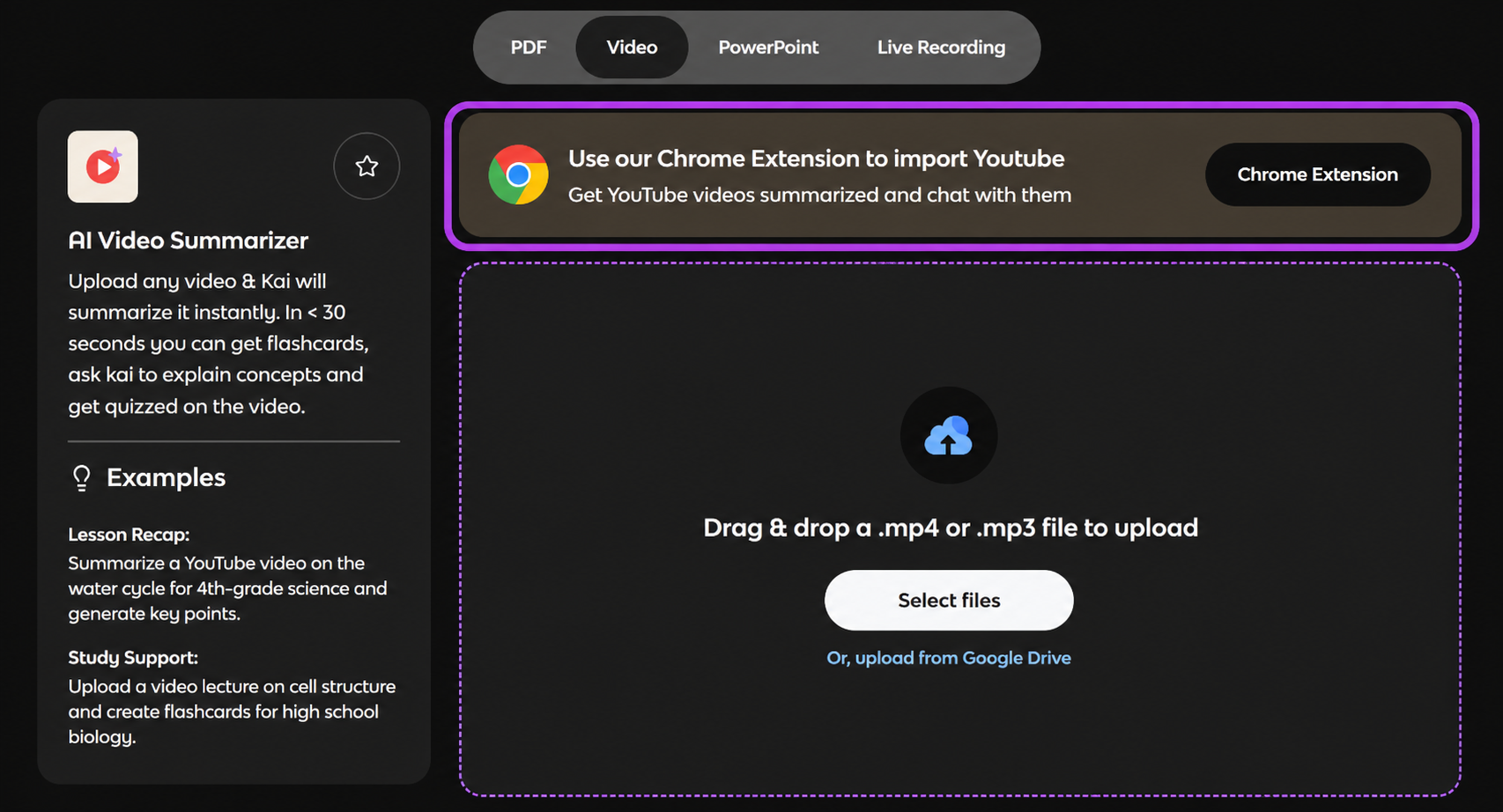 Output artifact for "Media File Upload and Ingestion" test: The video page points YouTube users to a Chrome extension instead of accepting the URL directly, while showing local video/audio upload support., out3_youtube_failure.png