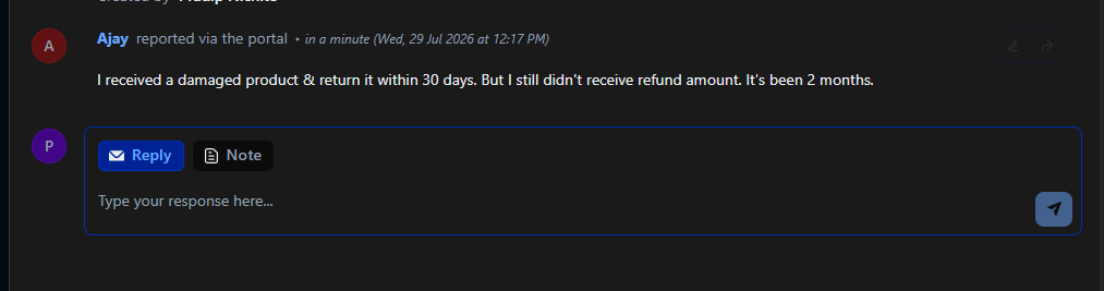 Output artifact for "Human Handover & Ticket Creation" test: The support inbox/portal thread showed the Ajay refund complaint recorded on the agent side, confirming the ticket was created and routed into the helpdesk workflow., image-2.png