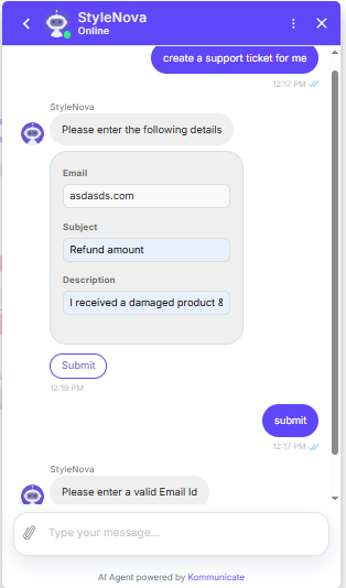 Output artifact for "Human Handover & Ticket Creation" test: The bot rejected the malformed email with a validation error and did not create a ticket., Kommunicate_HelpdeskIntegration_InvalidEmailHandling_Q41_MalformedEmailRejection.png