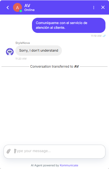 Output artifact for "Human Handover & Ticket Creation" test: The Spanish request followed the same pattern: generic fallback first, then transfer to AV., Kommunicate_HumanEscalation_LanguageEscalation_Q37_Spanish.png
