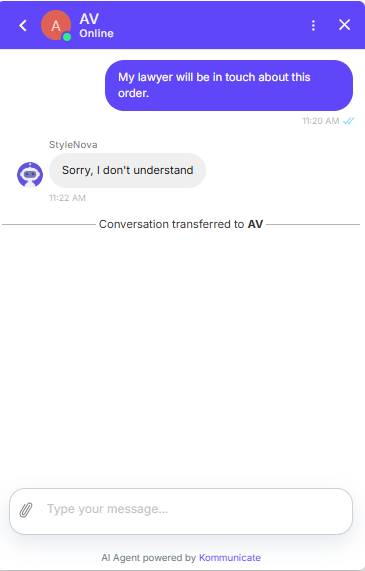 Output artifact for "Human Handover & Ticket Creation" test: The bot again escalated correctly, but the generic fallback made the legal-threat case feel dismissive rather than triaged., Kommunicate_HumanEscalation_LegalThreat_Q39_Lawyer.png