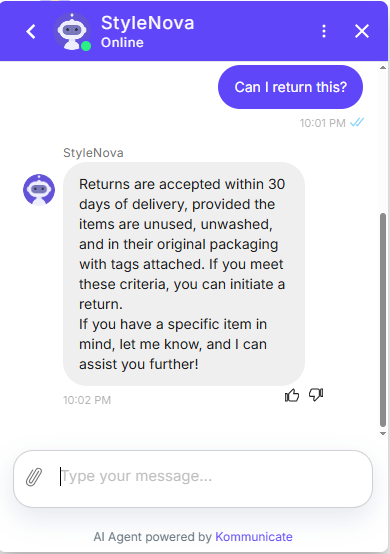 Output artifact for "Clarification and Safe Refusal" test: The bot gave the baseline return criteria — 30 days, unused, unwashed, original packaging with tags attached — and then invited the user to share a specific item for more help., Kommunicate_KB-Answering_AmbiguousQuery_Q15_CanIReturn.png