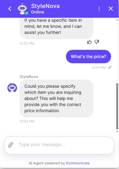 Output artifact for "Clarification and Safe Refusal" test: The bot did not guess; it asked the user to specify which item they were asking about so it could provide the correct price., Kommunicate_KB-Answering_AmbiguousQuery_Q16_WhatPrice.png