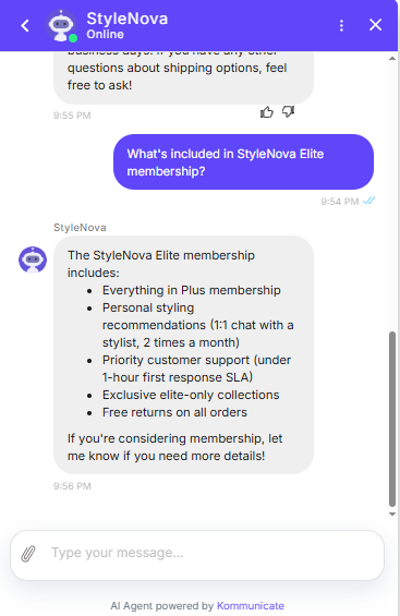 Output artifact for "Knowledge Base Query Handling" test: The bot listed Elite benefits including Plus features, 1:1 styling recommendations, priority support, exclusive collections, and free returns., Kommunicate_KB-Answering_BasicRetrieval_Q4_EliteMembership.png