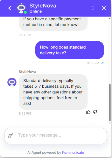 Output artifact for "Knowledge Base Query Handling" test: The bot stated that standard delivery typically takes 5–7 business days., Kommunicate_KB-Answering_BasicRetrieval_Q3_DeliveryTime.png