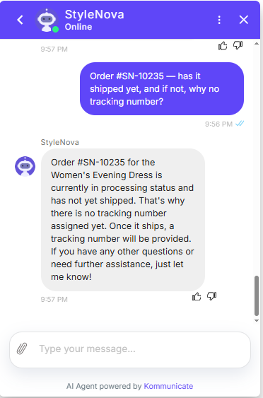 Output artifact for "Cross-Document Order Reasoning" test: The bot said the Women's Evening Dress is still processing, has not shipped yet, and therefore has no tracking number assigned., Kommunicate_KB-Answering_CrossDocReasoning_Q7_OrderSN10235Tracking.png