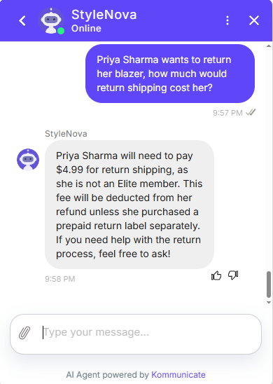 Output artifact for "Cross-Document Order Reasoning" test: The bot said Priya Sharma would need to pay $4.99 for return shipping because she is not an Elite member, and that the fee would be deducted from the refund unless she bought a prepaid label separately., Kommunicate_KB-Answering_CrossDocReasoning_Q8_PriyaSharmaReturn.png