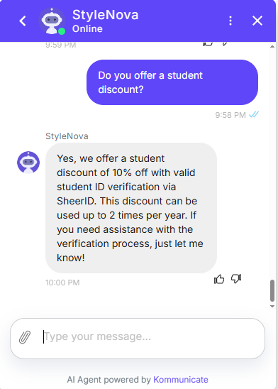 Output artifact for "Knowledge Base Query Handling" test: The bot confirmed a 10% student discount with valid student ID verification via SheerID and said it can be used up to 2 times per year., Kommunicate_KB-Answering_HallucinationControl_Q10_StudentDiscount.png